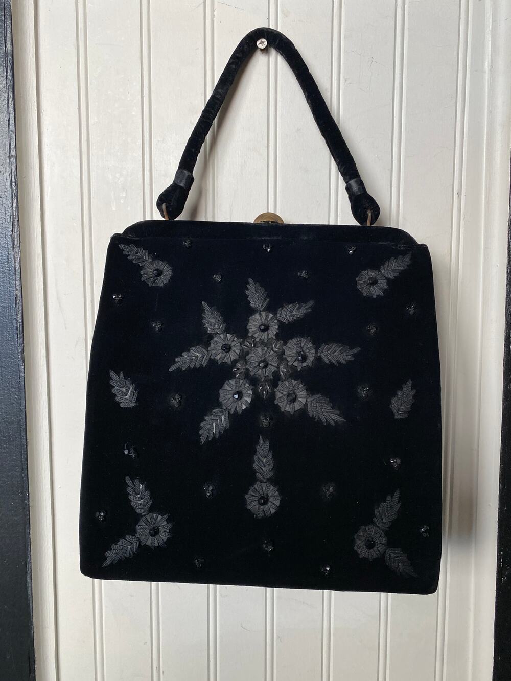 vintage 1950s black velvet purse, soure' bag, beaded embroidered, gothic handbag